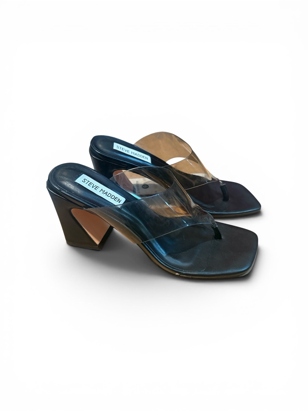 Steve Madden Feeva Black Square-Toe Clear Grey Strap Block Heels Size 6.5 - Picture 6 of 13